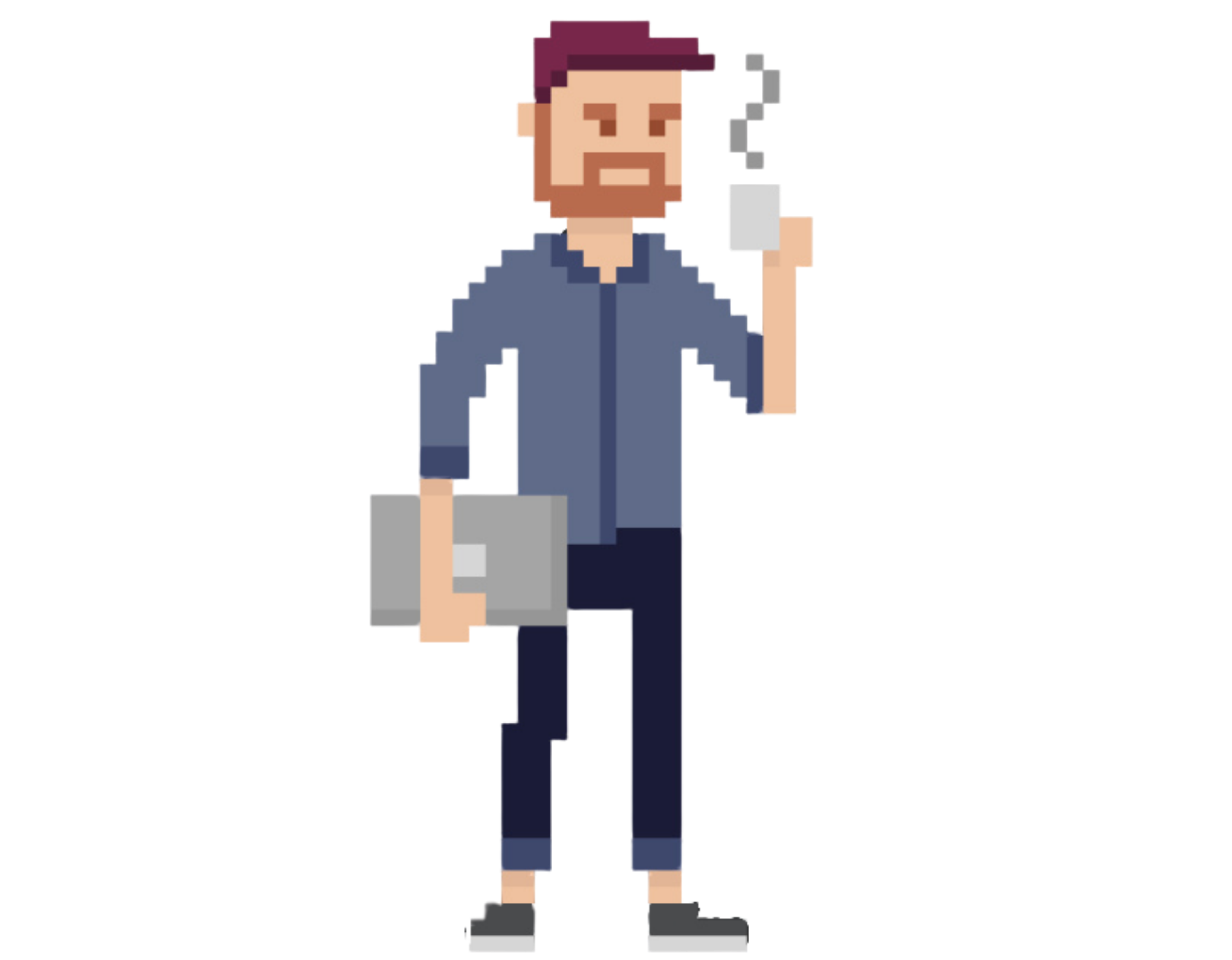 Pixel drawing of a man carrying a laptop and cup of coffee
