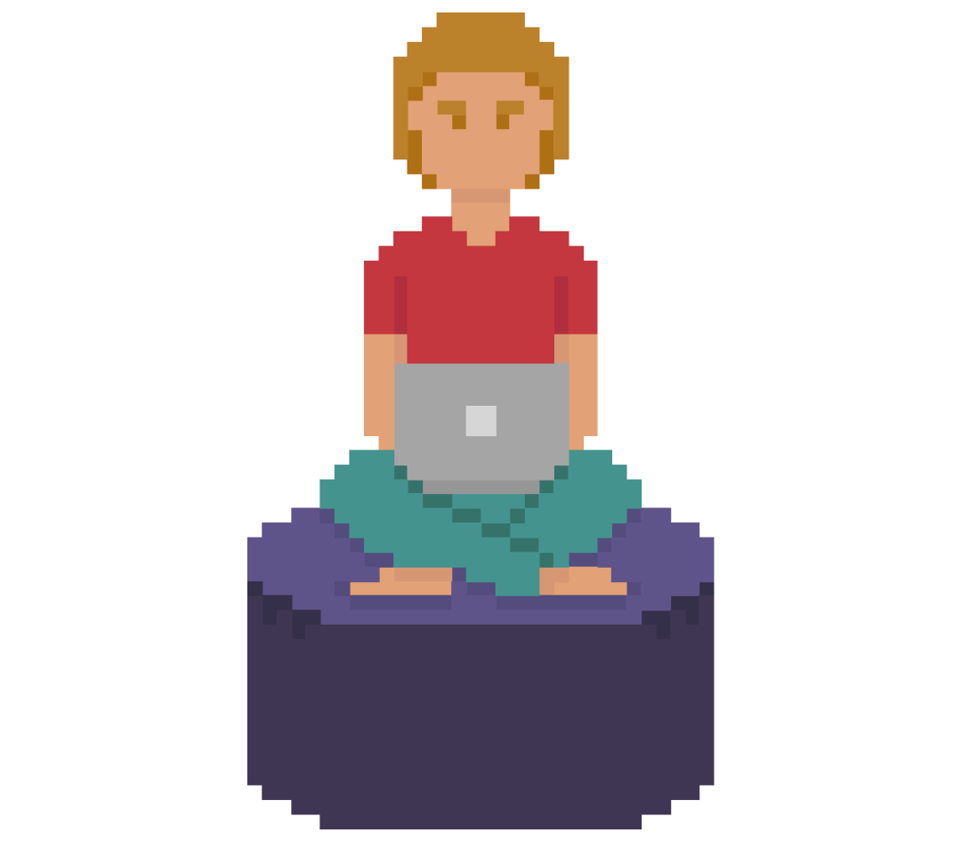Pixel drawing of some sat on a purple bean bag while using their laptop