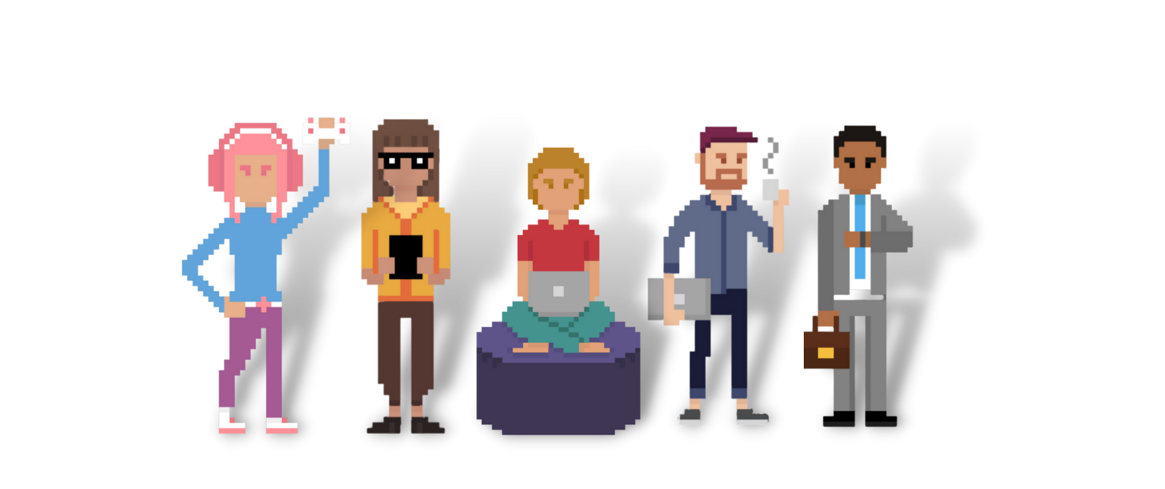Group of 5 pixel drawing people